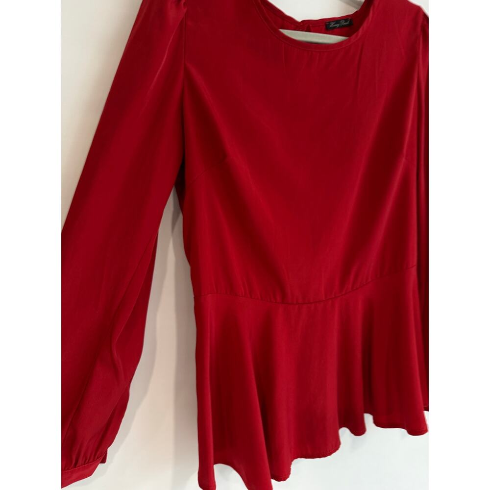 Honey Punch Red Satin Feel Blouse Large Ruffle Hem Long Sleeve Keyhole - Picture 5 of 6